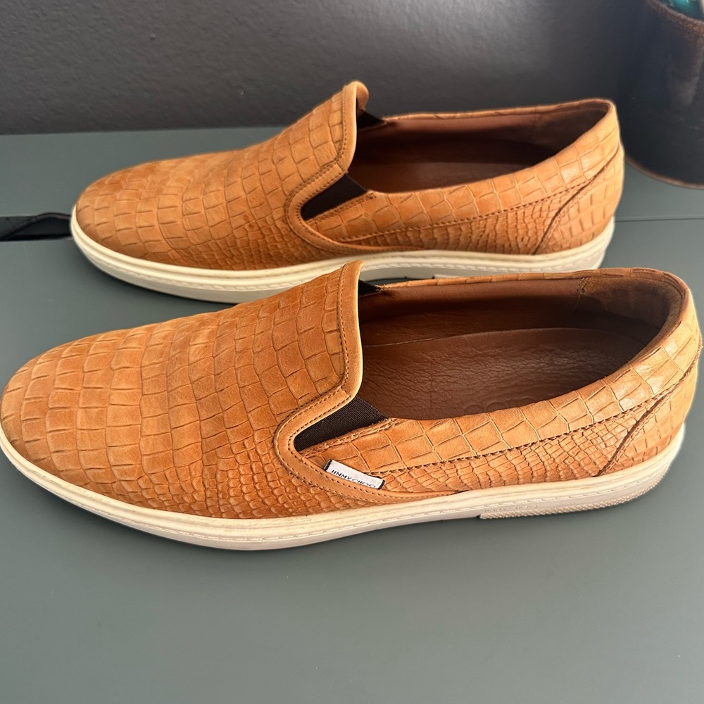 JIMMY CHOO Tan Brown Croc Embossed Leather Slip Ons 45 **Excellent Condition**